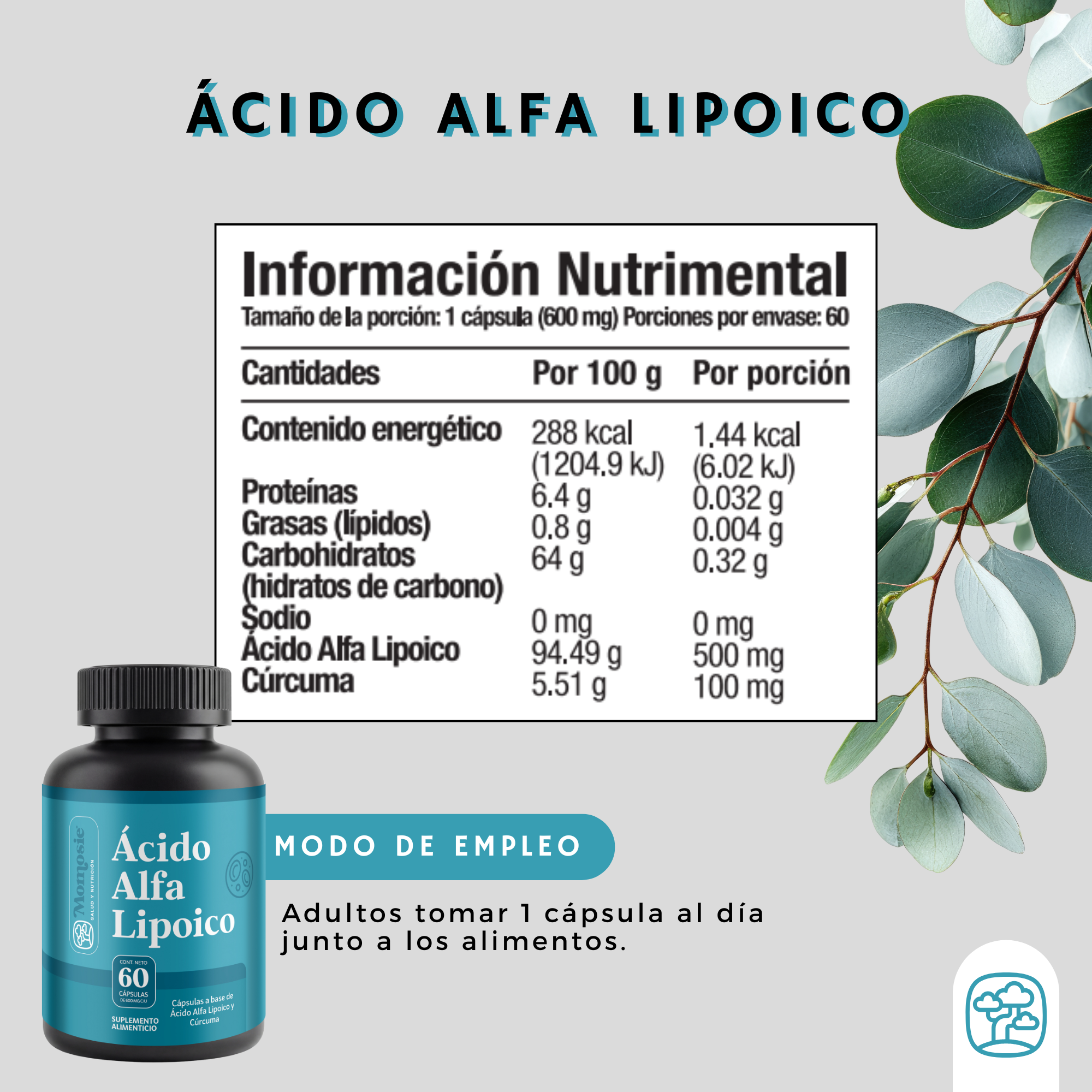Ácido Alfa Lipóico (ala) 600mg Enriquecido Con Cúrcuma 60 Cápsulas