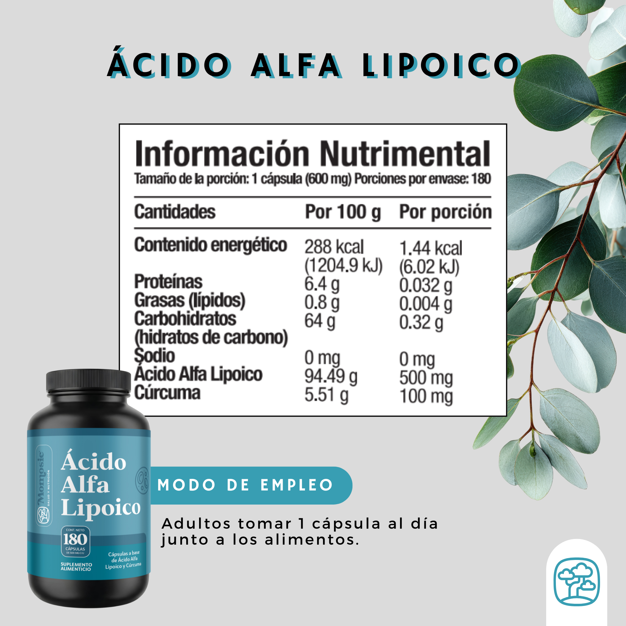 Ácido Alfa Lipóico (ala) 600mg Enriquecido Con Cúrcuma 180 Cápsulas