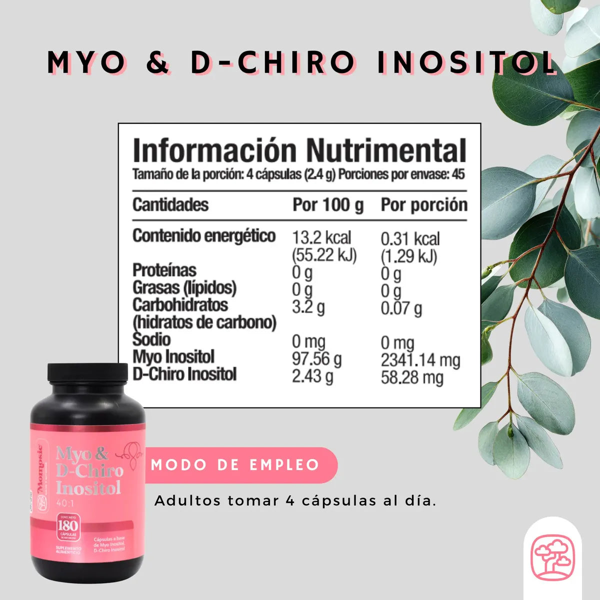 Inositol Capsulas 40:1 | Myo Y D-chiro Inositol Puro | 180 Cápsulas | 2400 Mg Por Porción