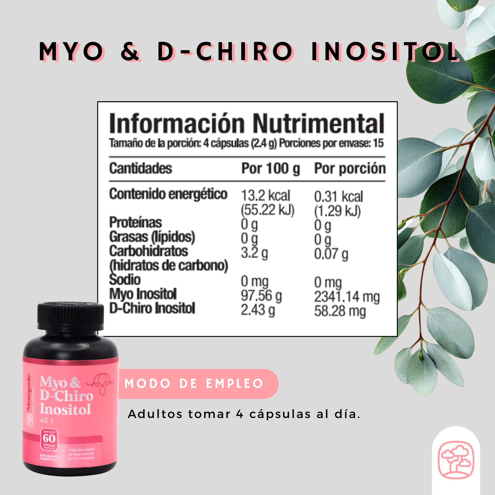 Inositol Capsulas 40:1 | Myo Y D-chiro Inositol Puro | 60 Cápsulas | 2400 Mg Por Porción