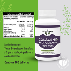 COLÁGENO HIDROLIZADO 100% PURO 100 capletas de 1000 mg. Pasiguaro®